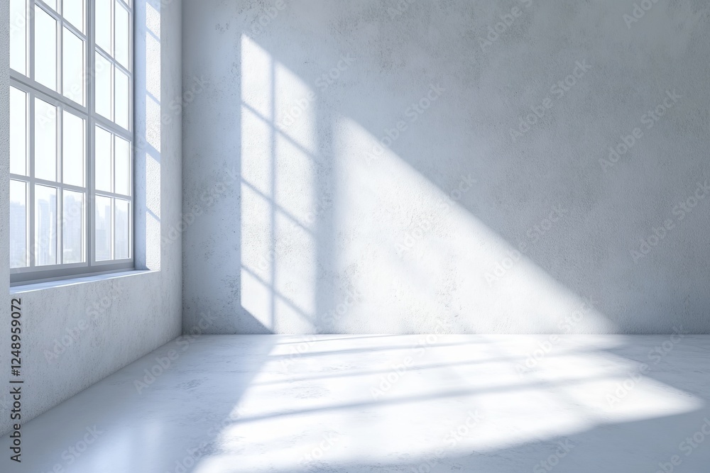 Fototapeta premium Sunlight streams into empty room, city view