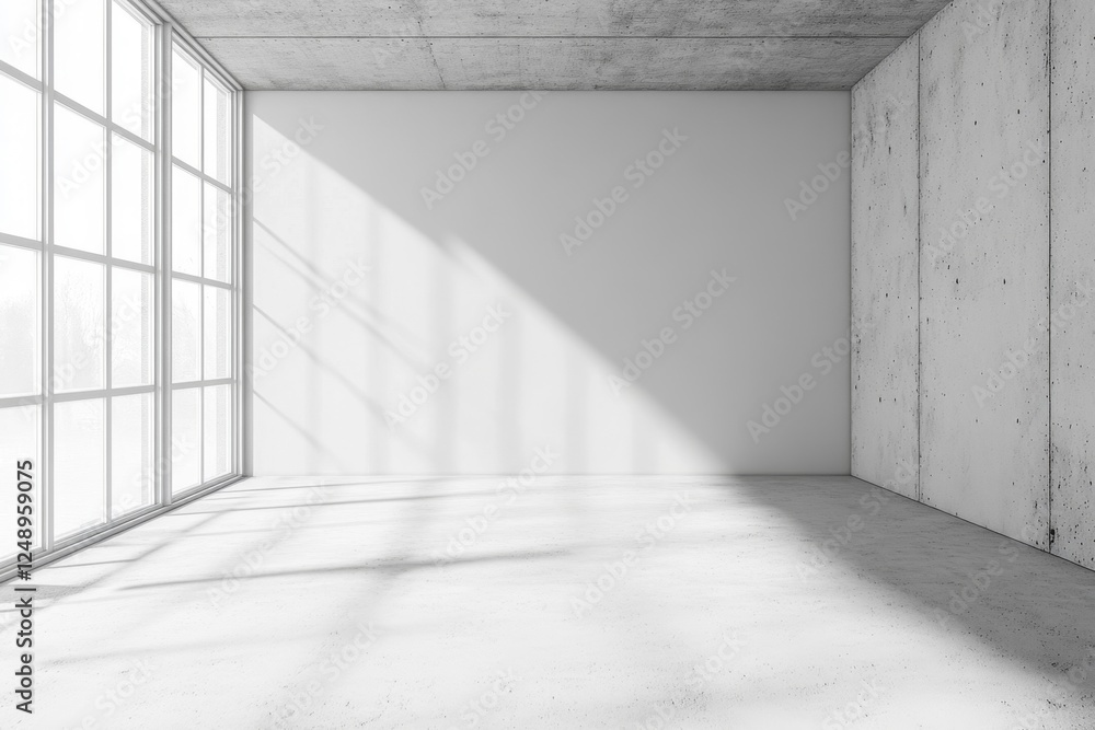 Fototapeta premium Sunlit empty concrete room, large window, minimalist design, mock-up