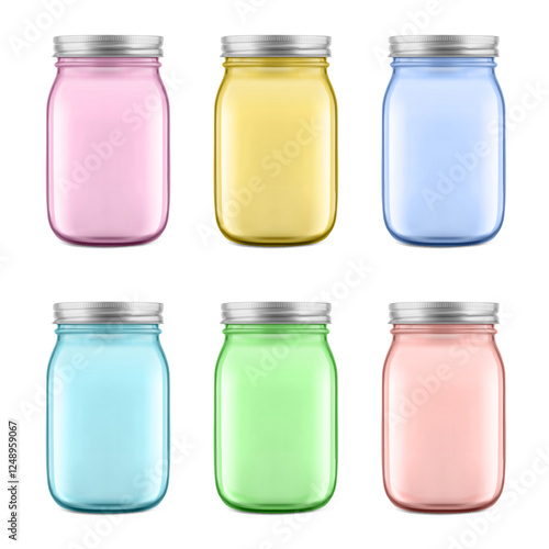 Clear colour mason jar mockups for food, diy. Hight realistic vector illustration isolated on white background. Perfect for easy customisation and editing your design. EPS10.