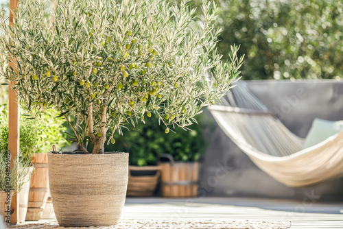 Elegant potted olive tree on sunlit patio with cozy hammock in background. Serene Mediterranean-inspired setting, perfect for sustainable living, home gardening, potted plants, and relaxing at home photo