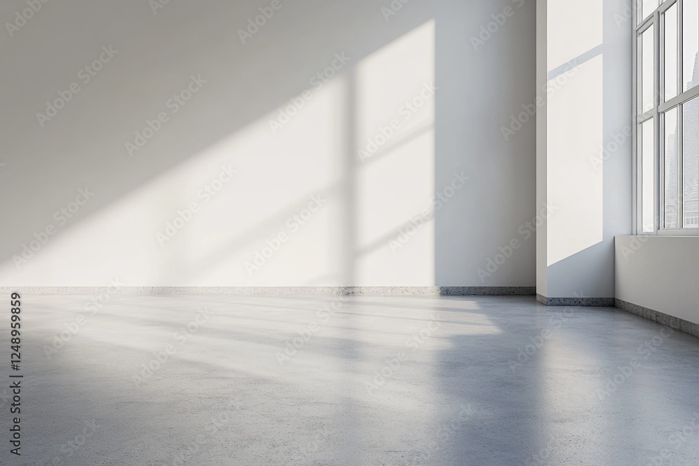 Sunlit empty room, concrete floor, large window, minimalist design, interior mockup Sunlit empty room, concrete floor, large window, minimalist design, interior mockup