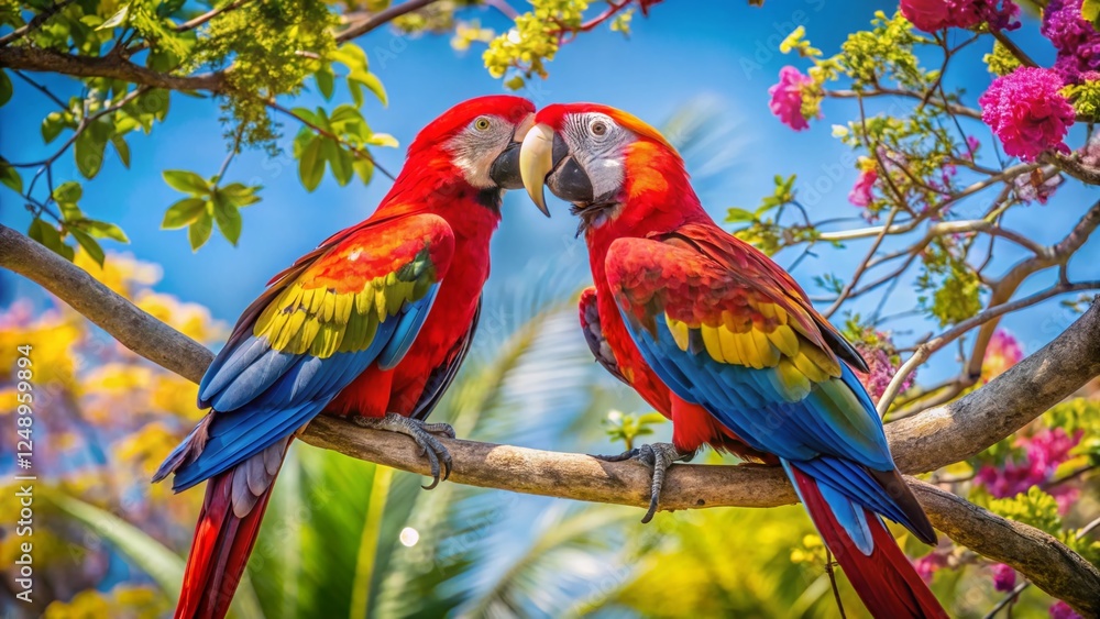 Obraz premium Affectionate Macaws: Vibrant Parrot Couple in Lush Tropical Paradise