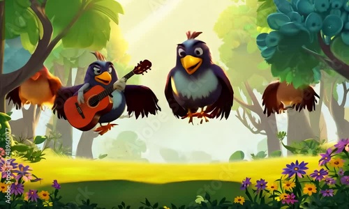 Four cartoon birds are singing and dancing in a forest clearing. One bird plays a guitar, and another holds a small, shiny object. The forest background is vibrant and whimsical.