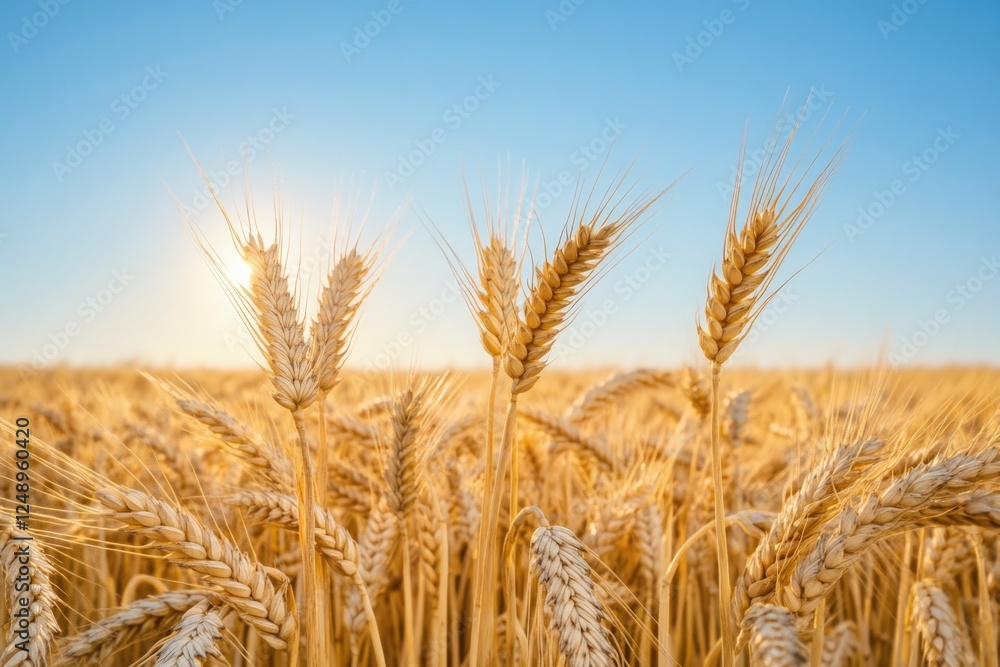 Golden wheat stalks in a field during the daytime, under clear skies. Golden wheat stalks in a field during the daytime, under clear skies.