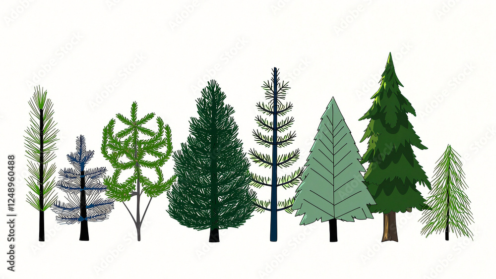Fototapeta premium Set of pine trees, coniferous forest. Vector illustration.