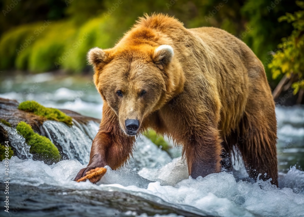 Fototapeta premium Alaskan Brown Bear Foraging Along a Riverbank: Aerial View