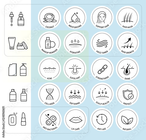 Coconut cosmetic for skin and hair icon set. The outline icons are well scalable and editable. Contrasting elements are good for different backgrounds. EPS10.	
