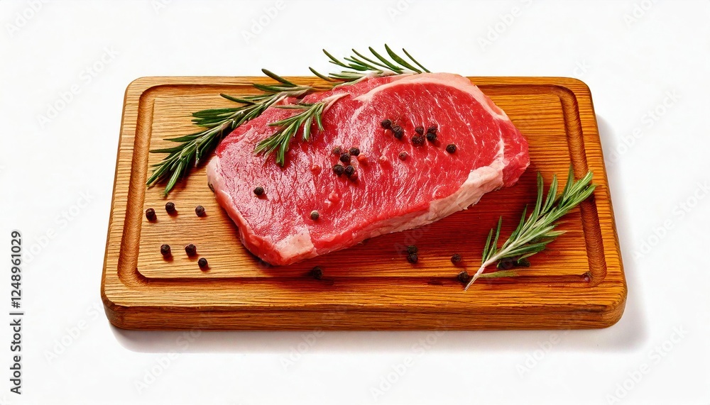 High-quality raw steak on wooden cutting board with herbs ready for cooking on white background High-quality raw steak on wooden cutting board with herbs ready for cooking on white background
