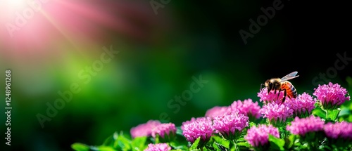 A bee collects nectar from vibrant pink flowers, illuminated by soft sunlight, creating a serene and colorful nature scene.