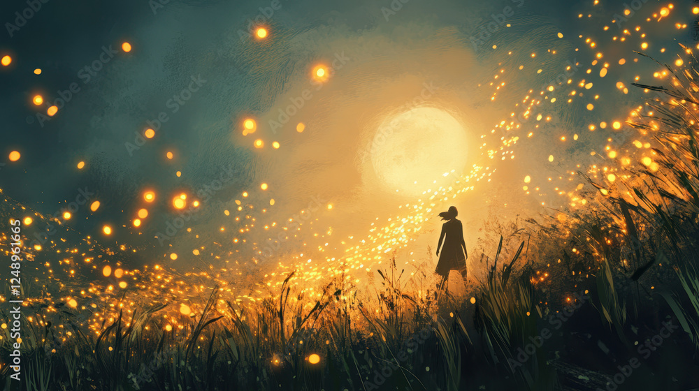 Fototapeta premium Magical Evening With Glowing Lights and a Lone Figure Standing in a Grassy Field Under a Full Moon