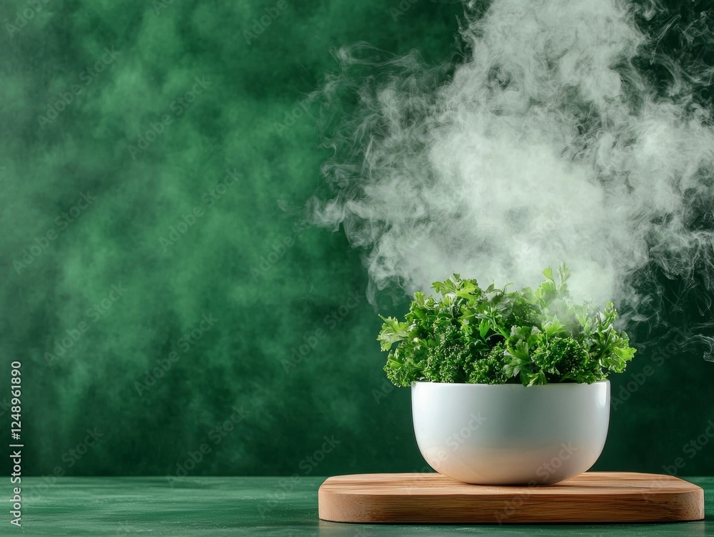 A steaming bowl of fresh herbs sits on a wooden board against a green backdrop, creating a vibrant and aromatic culinary scene. A steaming bowl of fresh herbs sits on a wooden board against a green backdrop, creating a vibrant and aromatic culinary scene.