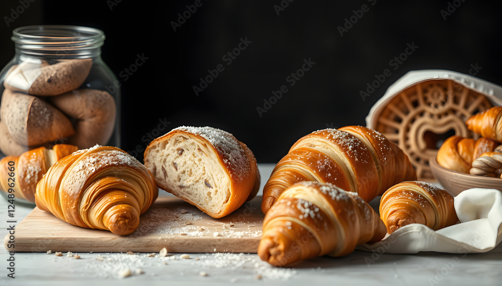 Bread and croissants frame with copy space, cinematic. with white shades Bread and croissants frame with copy space, cinematic. with white shades