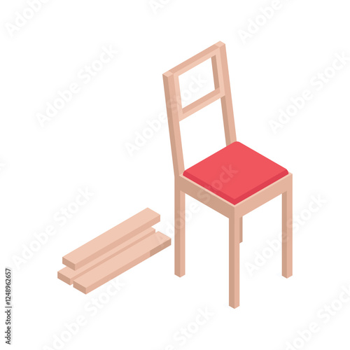 An isometric icon of a wooden chair with a red cushion.