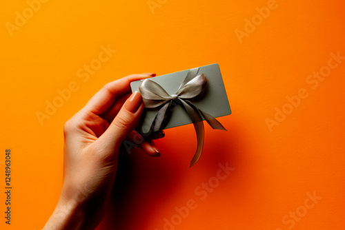 A woman's hand with elegant nude nails holds a stylish gift card wrapped with a delicate silver ribbon against a warm orange background, symbolizing premium gifting, elegance.
