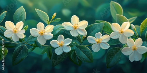 Beautiful Blossoming White Flowers with Lush Green Leaves Creating a Serene and Tranquil Natural Atmosphere in a Vibrant Outdoor Setting