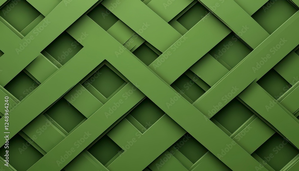 Abstract geometric pattern with intersecting, dark olive green, rectangular shapes creating a textured, woven effect. Flat, three dimensional shapes Abstract geometric pattern with intersecting, dark olive green, rectangular shapes creating a textured, woven effect. Flat, three dimensional shapes