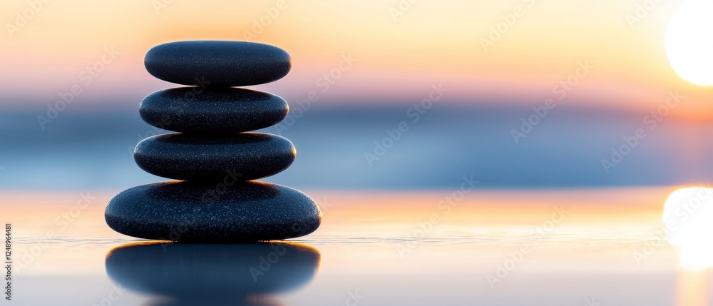 A serene stack of smooth black stones symbolizes balance and tranquility against a blurred sunset background. A serene stack of smooth black stones symbolizes balance and tranquility against a blurred sunset background.