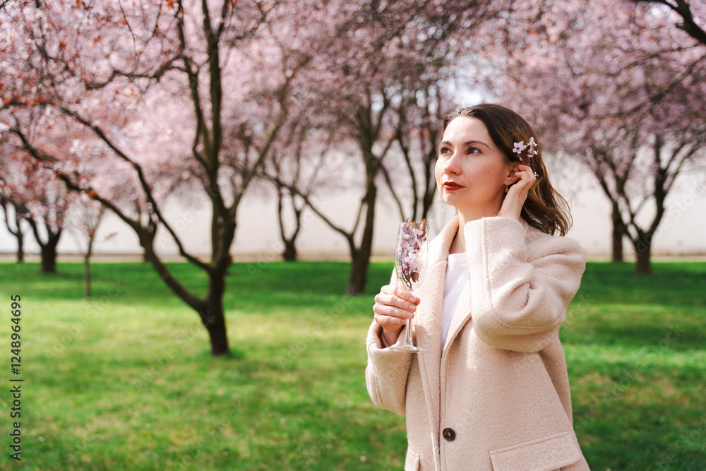 Elegant woman with champagne glass and cherry blossoms in Troja Garden, Prague, during springtime Elegant woman with champagne glass and cherry blossoms in Troja Garden, Prague, during springtime