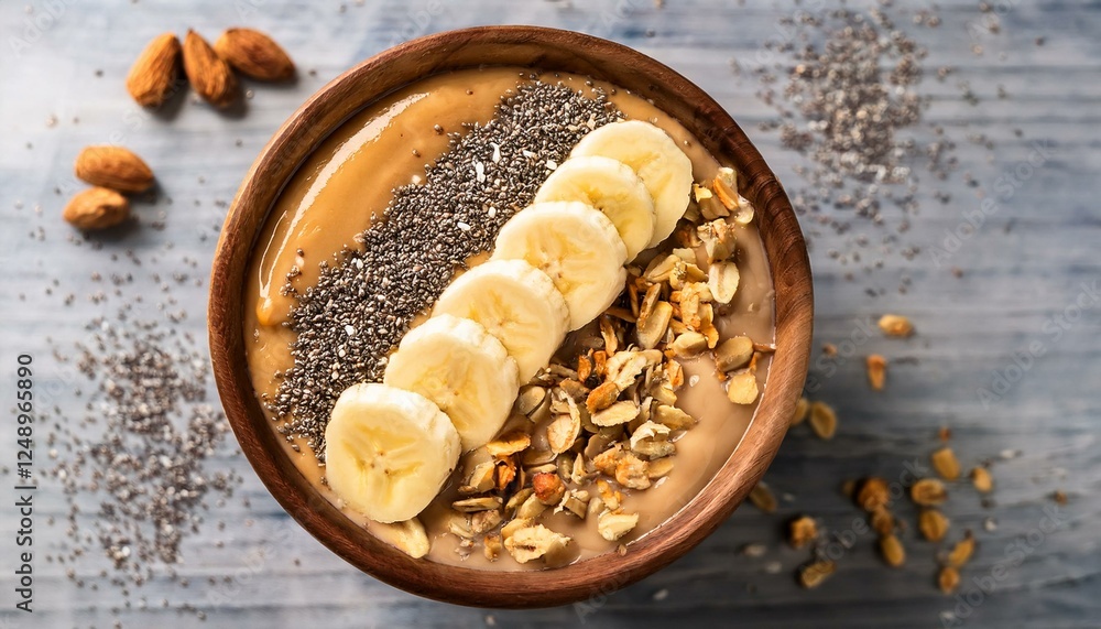 Fototapeta premium Generated image A smoothie bowl topped with peanut butter, banana slices, granola, and a sprinkle of chia
