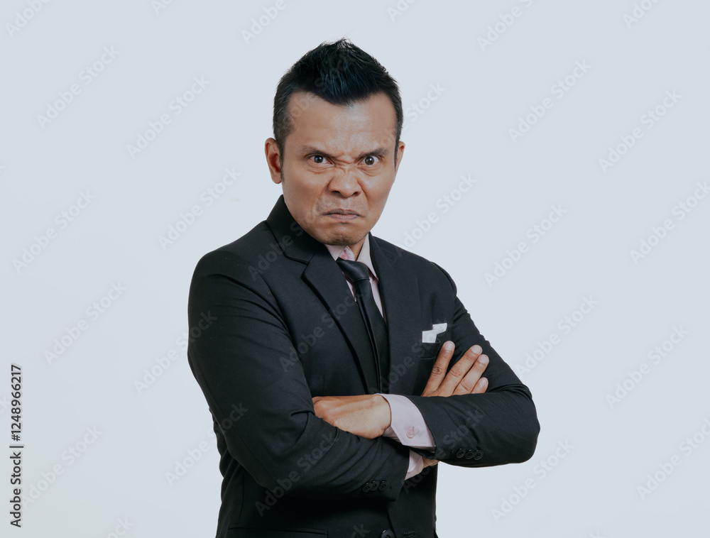 Angry and crazy Asian boss manager businessman in black suit, isolated over white background. Angry and crazy Asian boss manager businessman in black suit, isolated over white background.