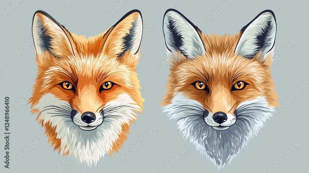 Fototapeta premium Two red fox portraits, wildlife illustration, nature background, design element