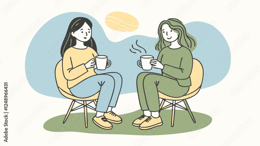 Two Women Drinking Tea – Minimalist Flat Illustration in Pastel Colors Two Women Drinking Tea – Minimalist Flat Illustration in Pastel Colors