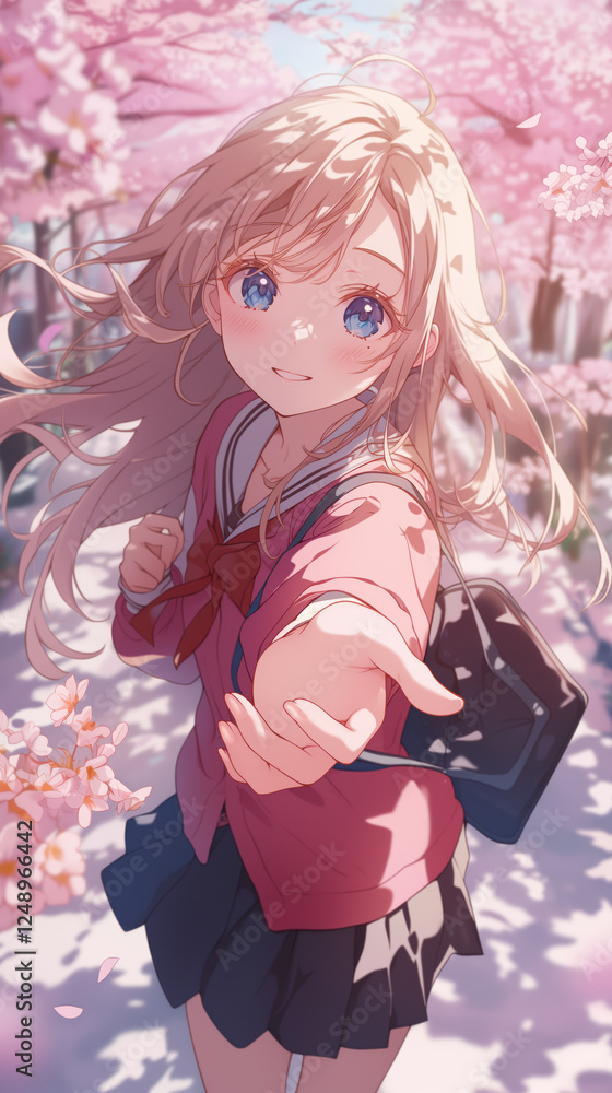 Cute anime girl leading viewer to follow her stretching her hand Cute anime girl leading viewer to follow her stretching her hand