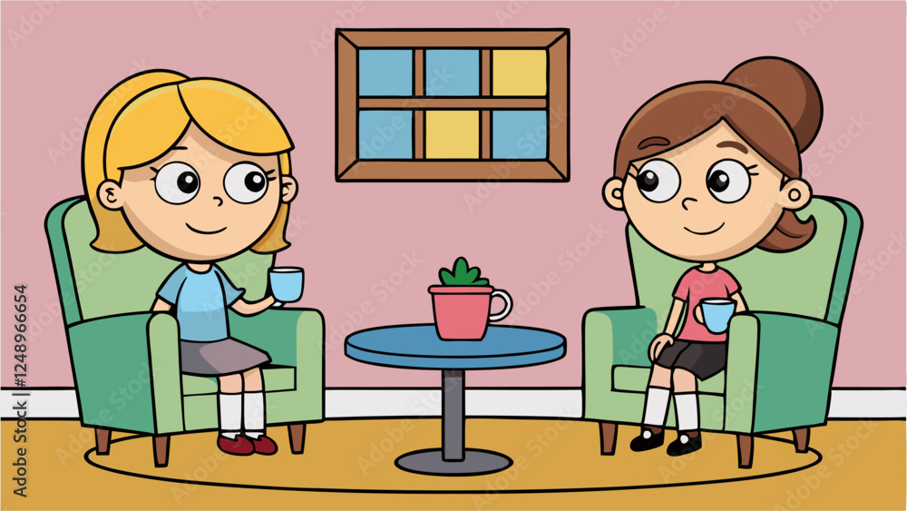 Cute Cartoon Illustration of Two Girls Having Tea in a Cozy Room Cute Cartoon Illustration of Two Girls Having Tea in a Cozy Room