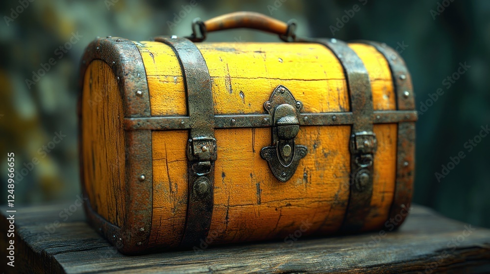 Antique yellow wooden chest on rustic wooden surface, forest backdrop