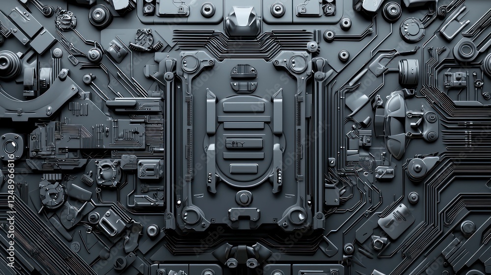 Fototapeta premium A detailed close-up of a dark, intricate circuit board design featuring various electronic components and connections.
