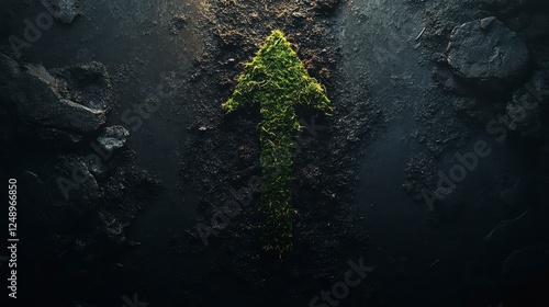 Abstract image of a green upward arrow, pixelated and formed by small elements against a dark background with textured surface, suggestive of soil or photo