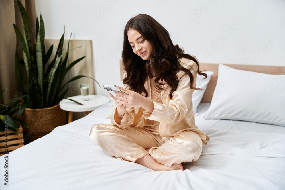 Relaxing at home, a beautiful young woman enjoys her phone in cozy pajamas Relaxing at home, a beautiful young woman enjoys her phone in cozy pajamas