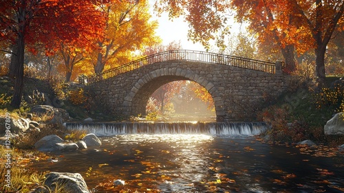 Autumnal stone bridge over flowing stream, sunlit forest background photo