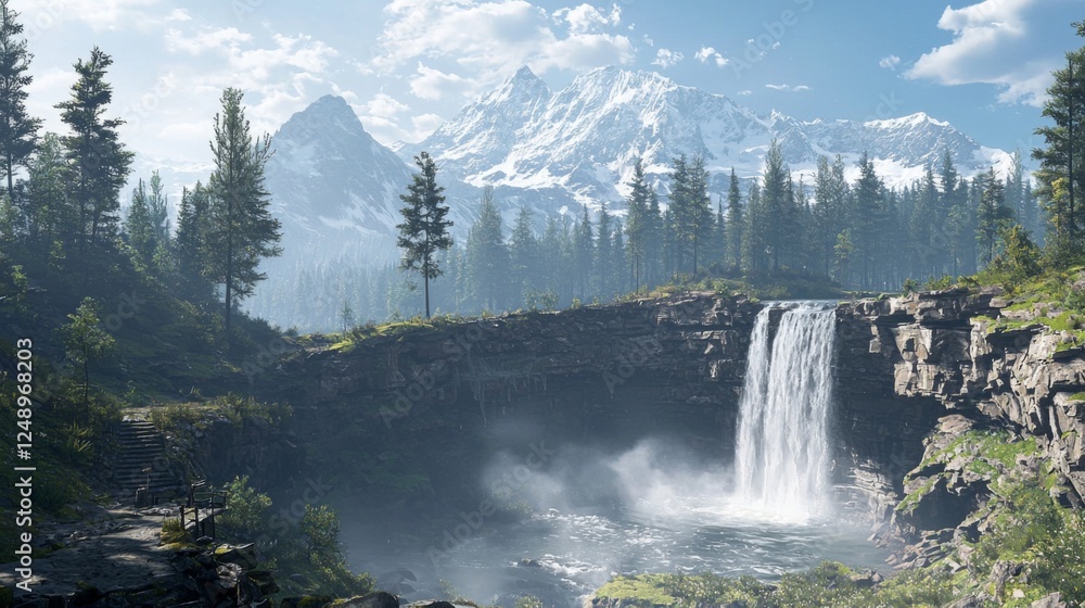 Fototapeta premium A hidden waterfall in a dense forest, with mountain peaks rising in the background under a soft morning mist. --chaos 20 --ar 16:9 --quality 2 --v 6.1 Job ID: fe81cb58-822d-469f-90e4-b8e99c3da5cf