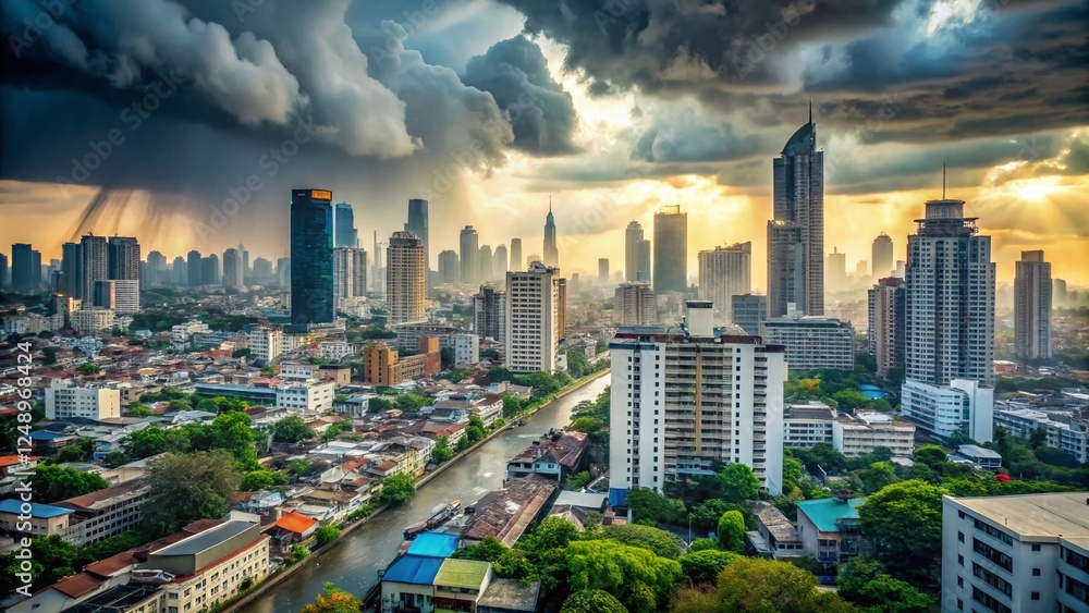 Fototapeta premium Bangkok Rain, Air Pollution, Cityscape, Dramatic Sky, Thailand