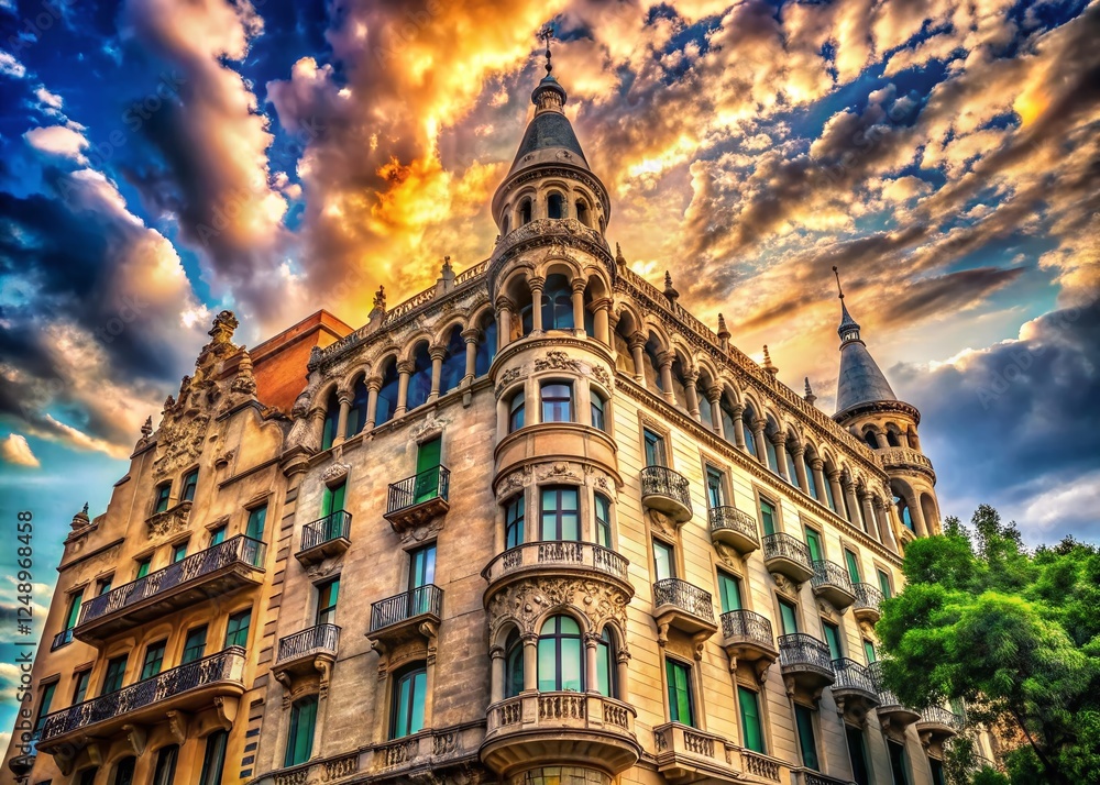 Fototapeta premium Barcelona Passeig de Gracia Architecture, Cloudy Sky, Worm's Eye View Stock Photo