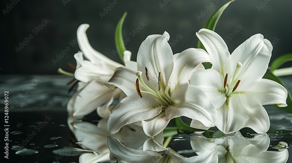 Obraz premium A bouquet of white lilies resting on a reflective glass surface