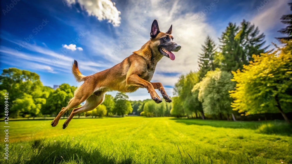 Belgian Malinois Dog Leaping in Park - Action Drone Shot Belgian Malinois Dog Leaping in Park - Action Drone Shot