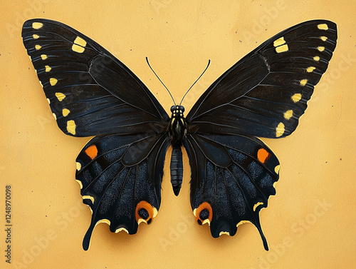 Black swallowtail butterfly with orange spots on yellow backdrop shows delicate wing pattern detail
