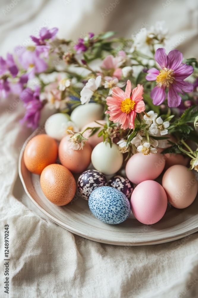 A serene Easter celebration with colorful eggs and spring flowers A serene Easter celebration with colorful eggs and spring flowers