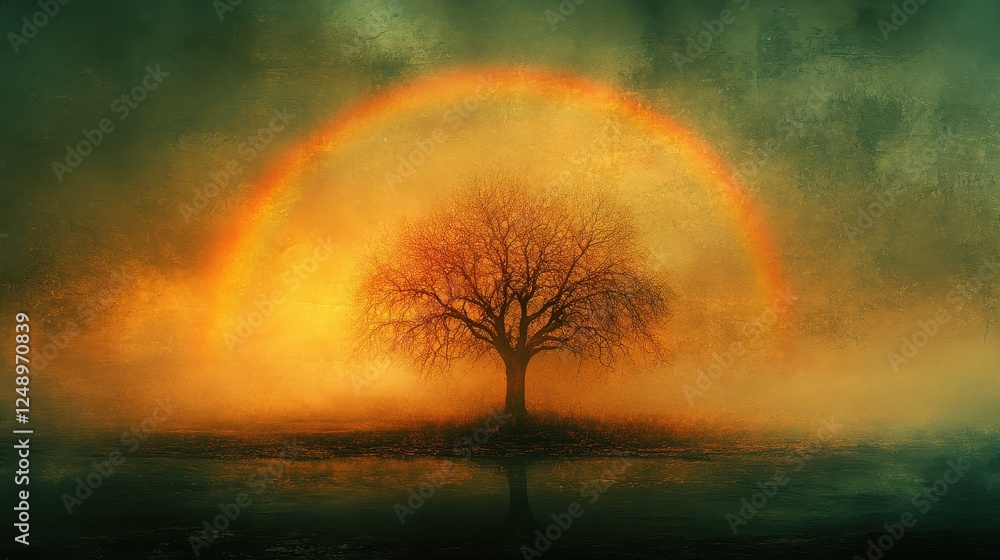 Fototapeta premium Solitary tree, rainbow, foggy field, sunset, hope