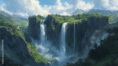 A stunning twin waterfall spilling over sheer mountain cliffs into a lush green valley. --chaos 20 --ar 16:9 --quality 2 --v 6.1 Job ID: 0bf9b92f-8a14-4b90-a275-db3ffdee9c6f
