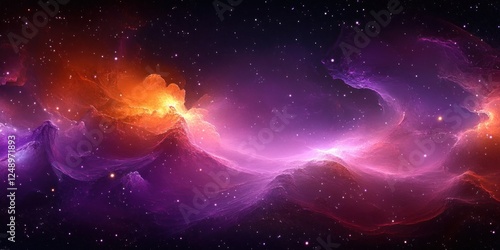 Cosmic Nebula in Vibrant Purple and Orange Hues with Distant Stars in a Panoramic View of Deep Space photo