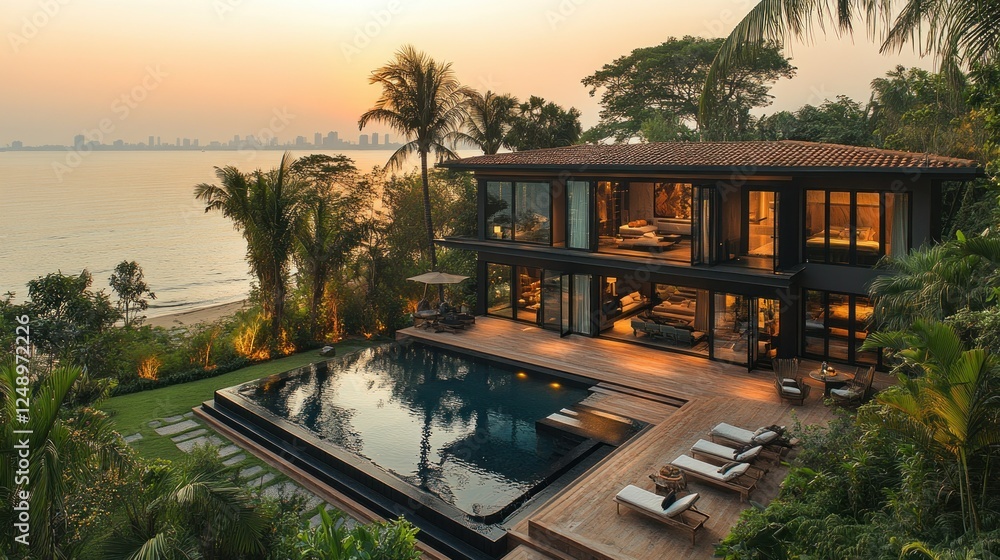 Fototapeta premium Luxury Beachfront Villa at Sunset: Modern Architecture Meets Tropical Paradise