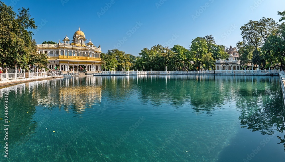 A panoramic view of the pool at Ram Chandra India. The water reflects an ornate yellow and white palace A panoramic view of the pool at Ram Chandra India. The water reflects an ornate yellow and white palace