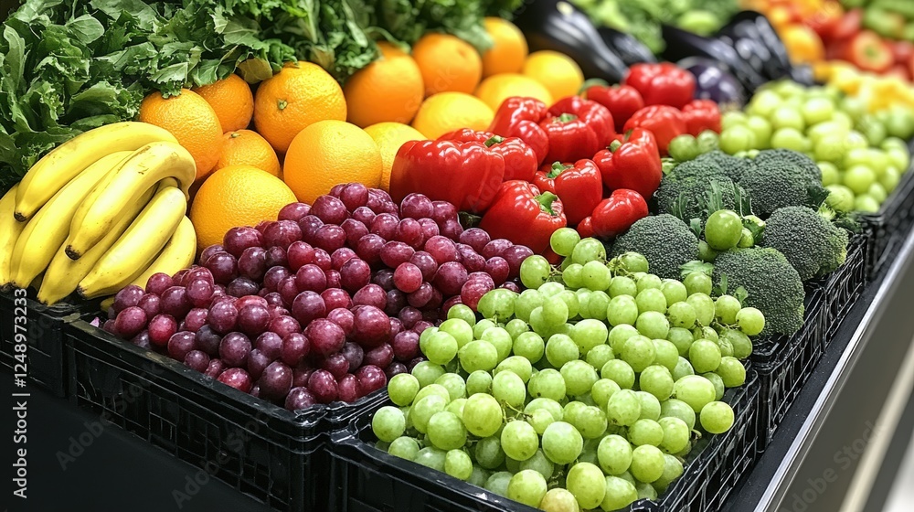 Vibrant Display of Fresh Fruits and Vegetables in a Market Setting Featuring Bananas, Grapes, Oranges, Bell Peppers, Broccoli, and Leafy Greens Vibrant Display of Fresh Fruits and Vegetables in a Market Setting Featuring Bananas, Grapes, Oranges, Bell Peppers, Broccoli, and Leafy Greens