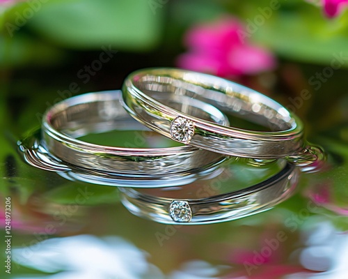 Close-up wedding rings, reflection on water, flowers in background. Potential use Engagement, marriage, jewelry, celebration photo