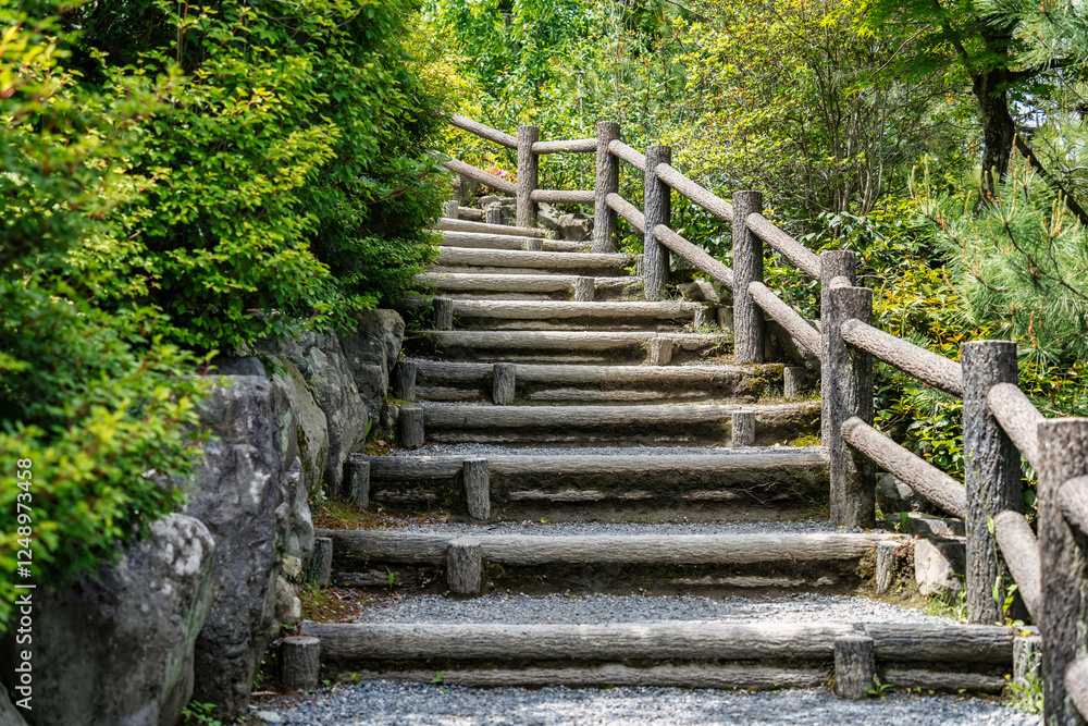 Wooden stairs that leads to a mountain top in Arashiyama, Kyoto. Wooden stairs that leads to a mountain top in Arashiyama, Kyoto.