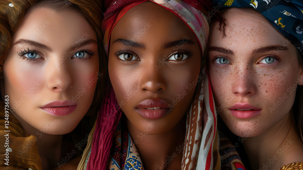 Close-up portrait of multi-ethnic, multicultural young women with different skin types posing for the camera. Banner for the International Day of Tolerance