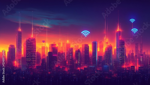 Wallpaper Mural A glowing futuristic cityscape with digital network overlays and prominent wifi symbols, representing smart city connectivity, vibrant neon colors, ultramodern design Torontodigital.ca